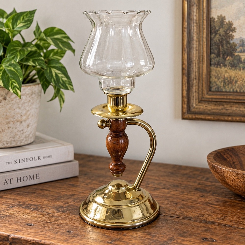 Home Interiors & Gifts Brass Wood Hurricane Candle Holder Wall Sconce Vintage